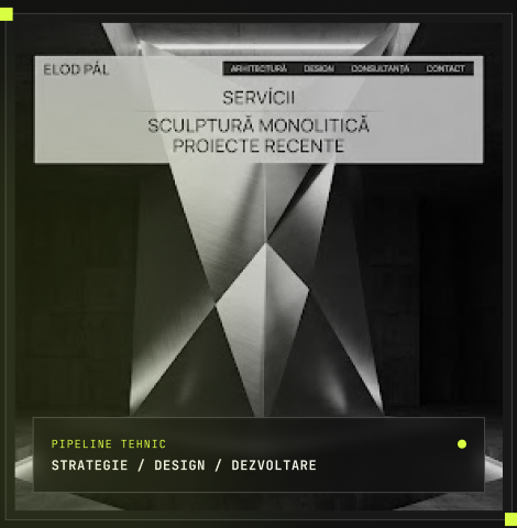 Mockup al paginii de servicii, cu forme geometrice în tonuri de gri.